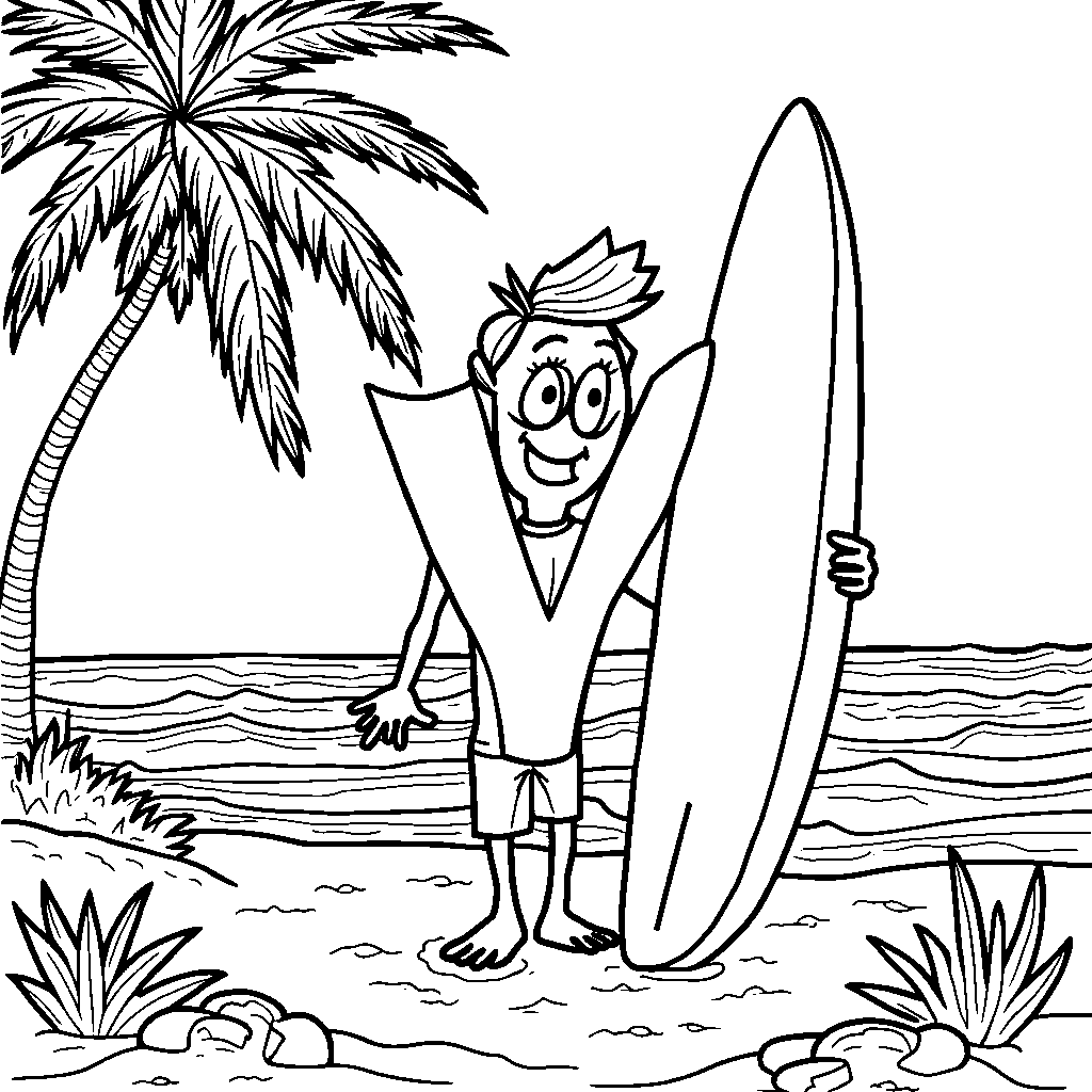 A cheerful letter V holding a surfboard at the beach