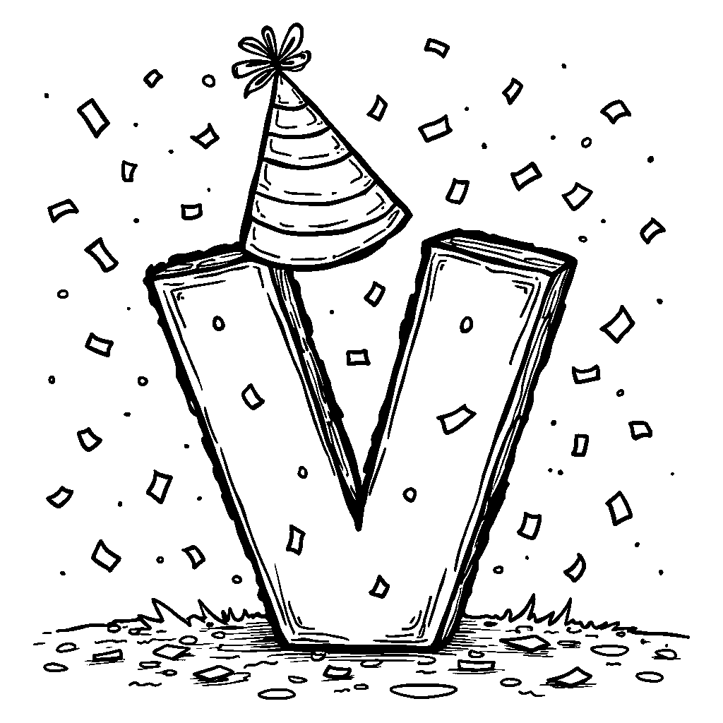 A fun letter V wearing a party hat and confetti