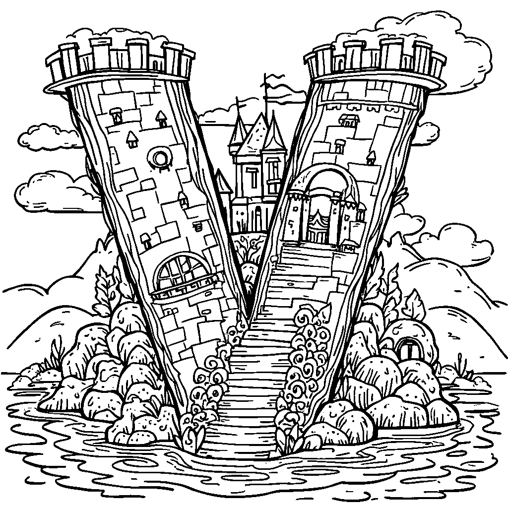 A letter V as a castle with a moat and drawbridge