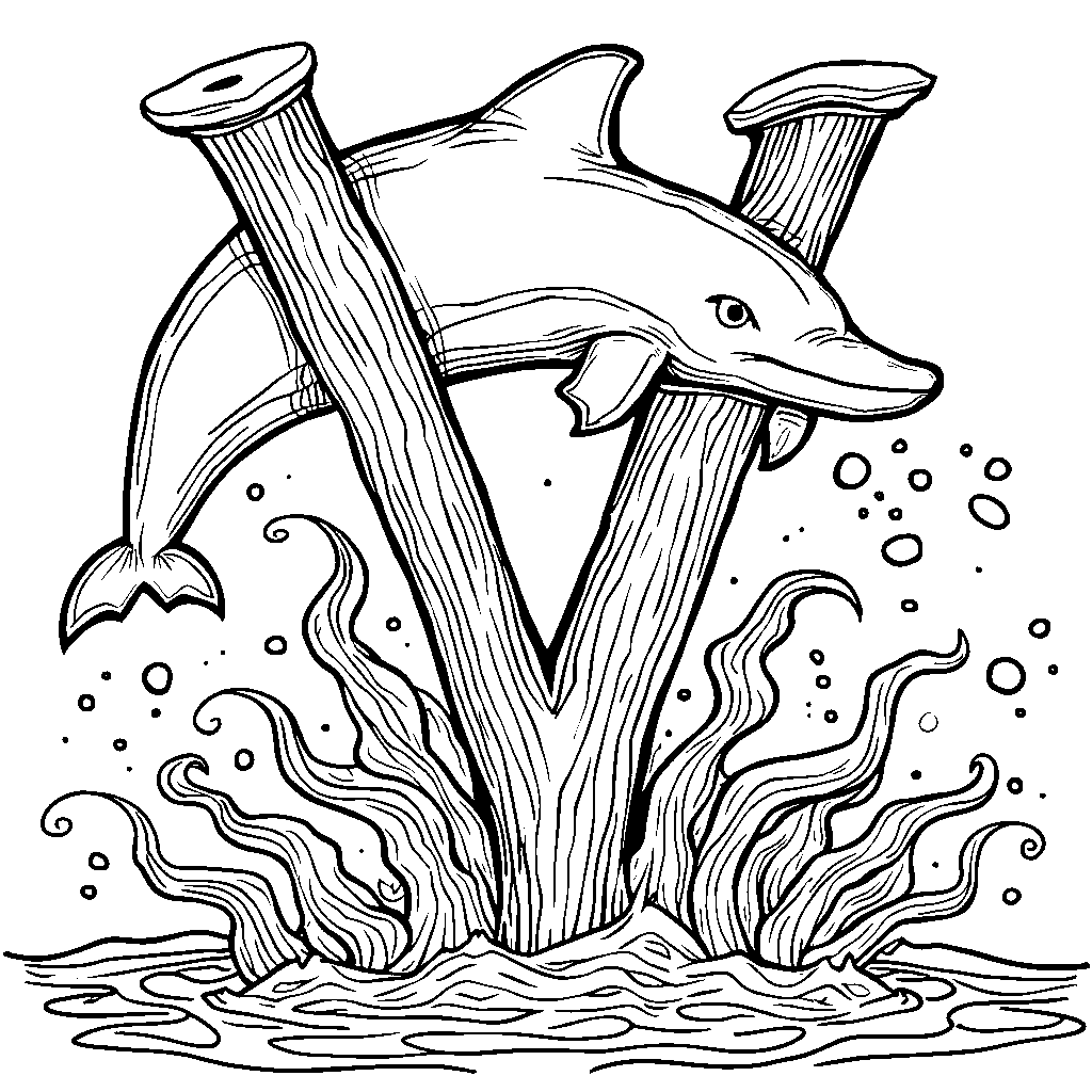 A letter V as a playful dolphin in the ocean