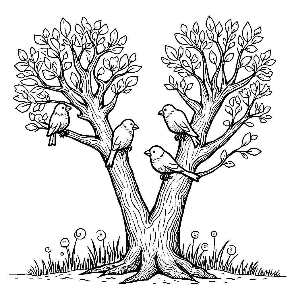 A letter V as a tree with birds perched on it