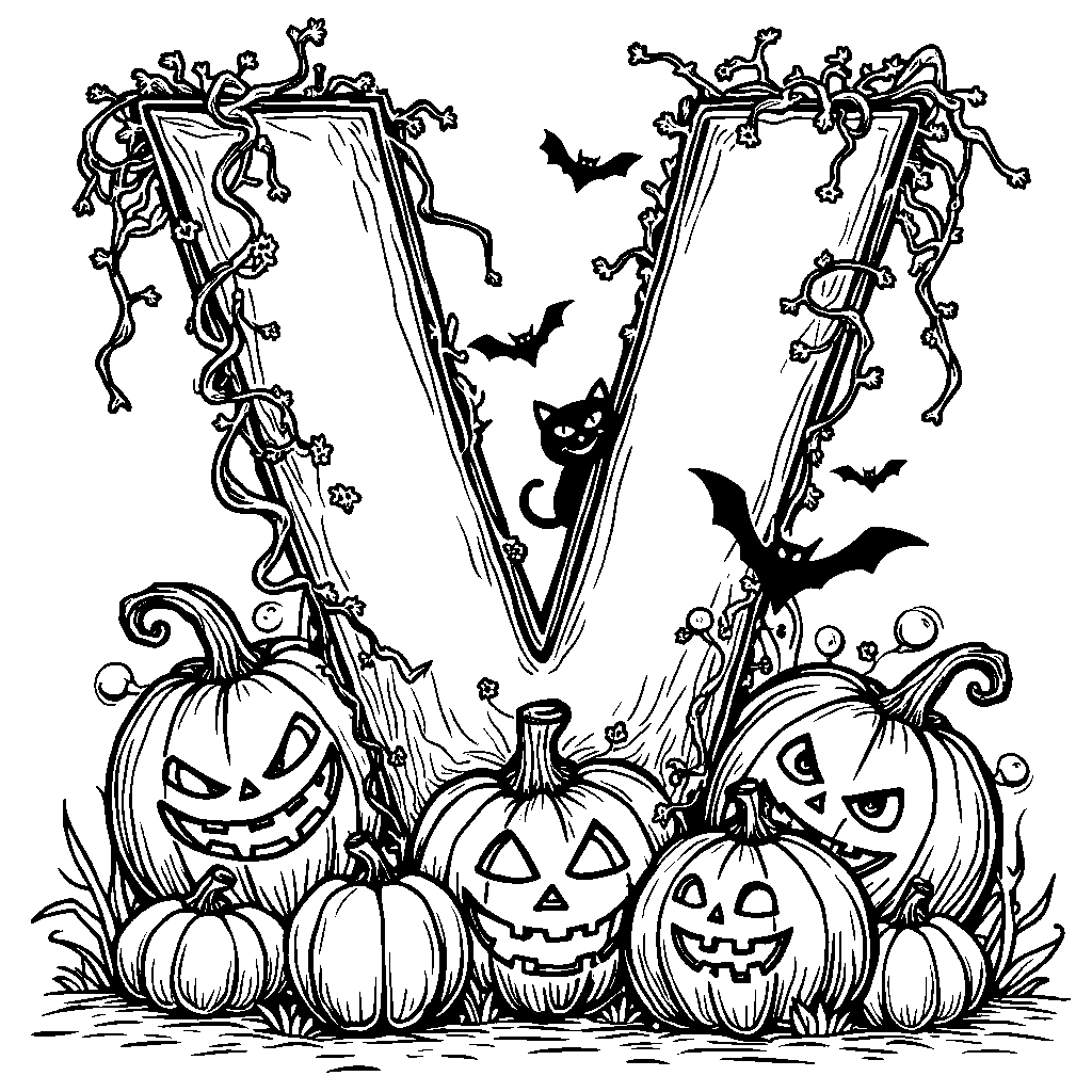 A letter V decorated for Halloween with pumpkins