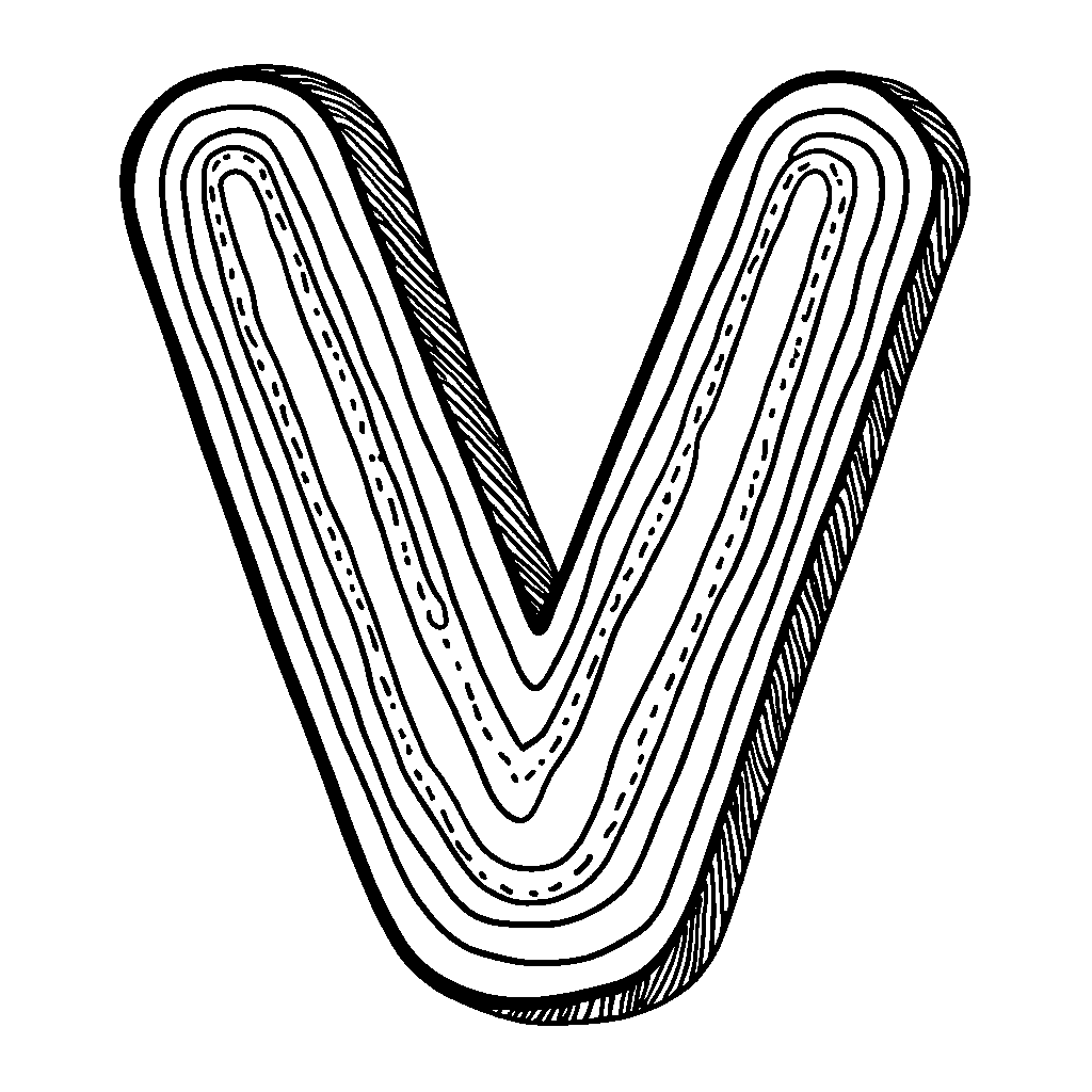 A letter V decorated with rainbow stripes