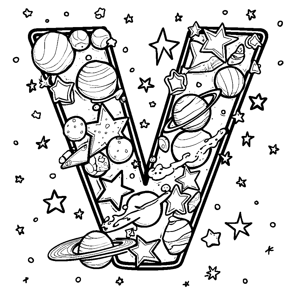 A letter V filled with stars and planets in outer space