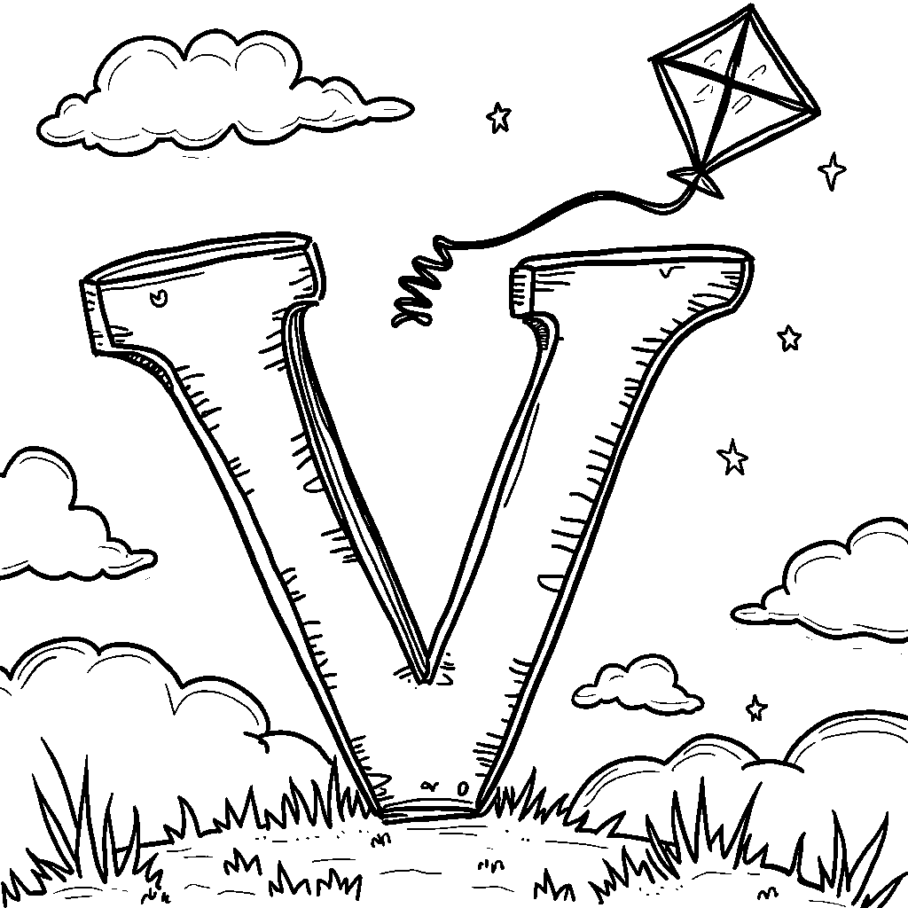 A letter V flying high with a colorful kite