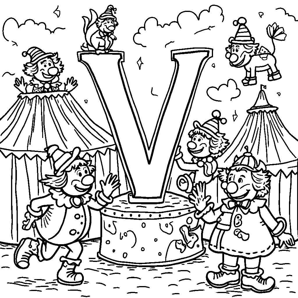 A letter V in a circus scene complete with clowns