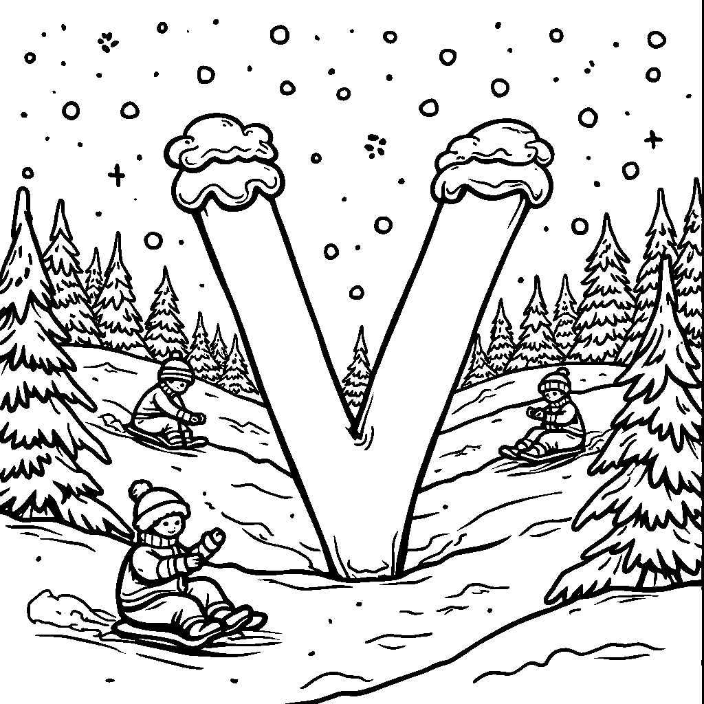 A letter V in a winter wonderland with sledding