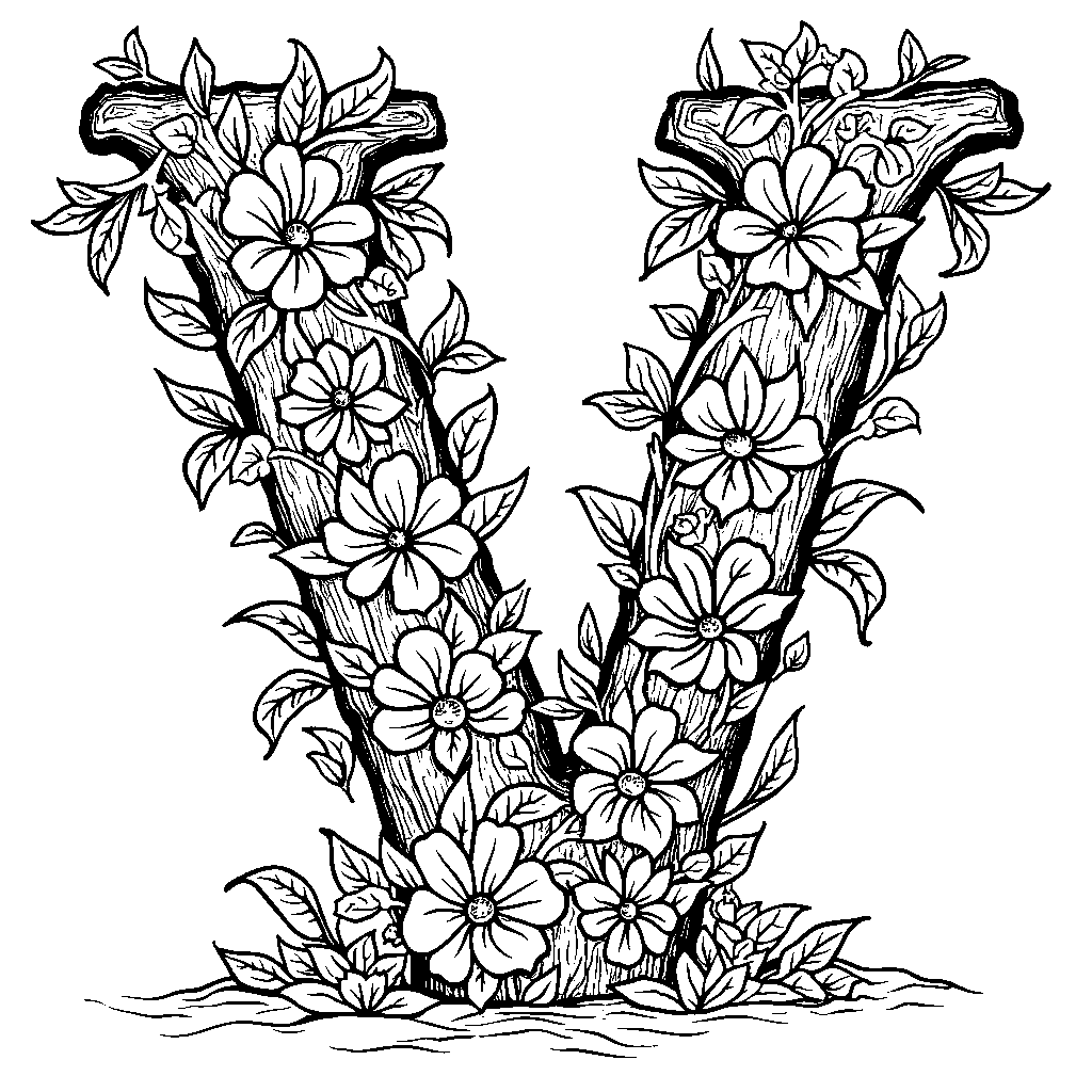 A letter V made of vines with flowers