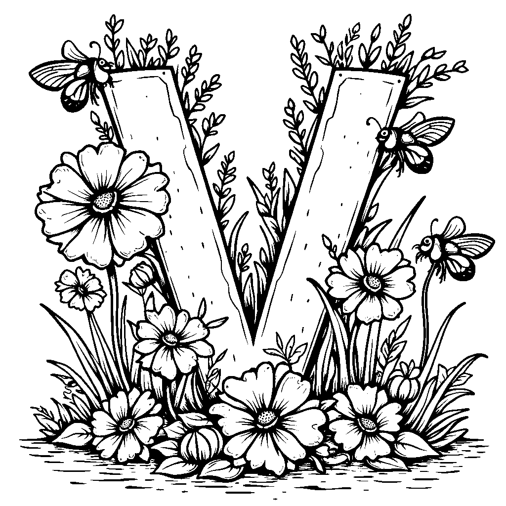 A letter V nestled in a garden with cute insects