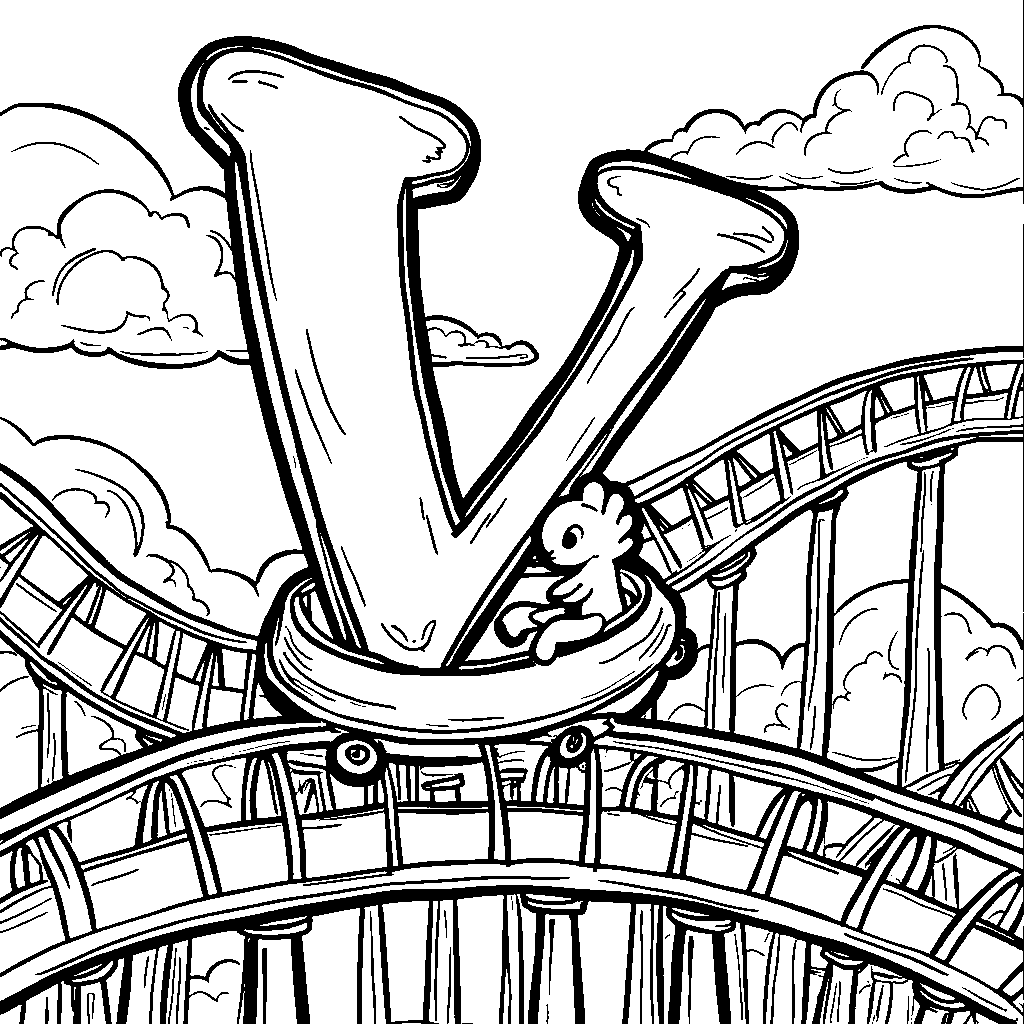 A letter V riding a roller coaster in an amusement park