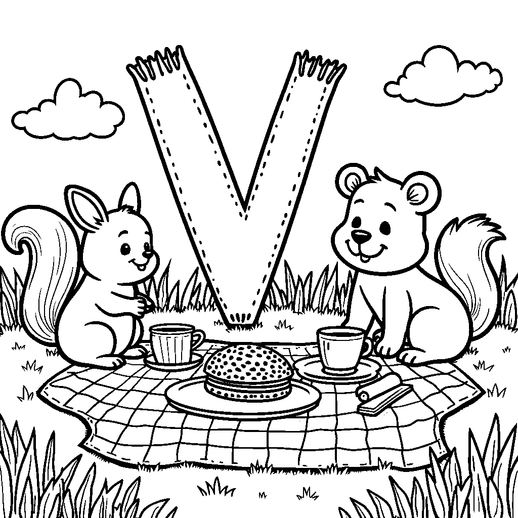 A letter V surrounded by cartoon animals at a picnic