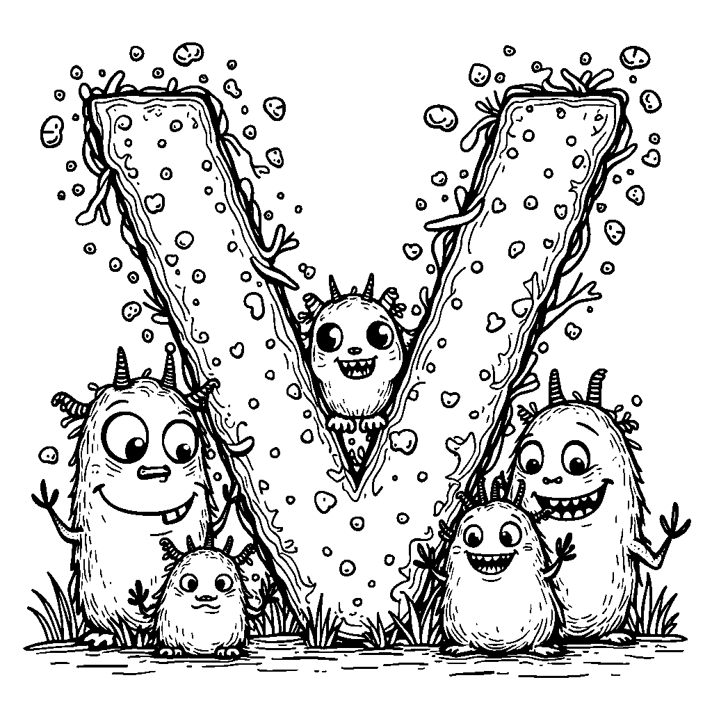 A letter V surrounded by cute cartoon monsters