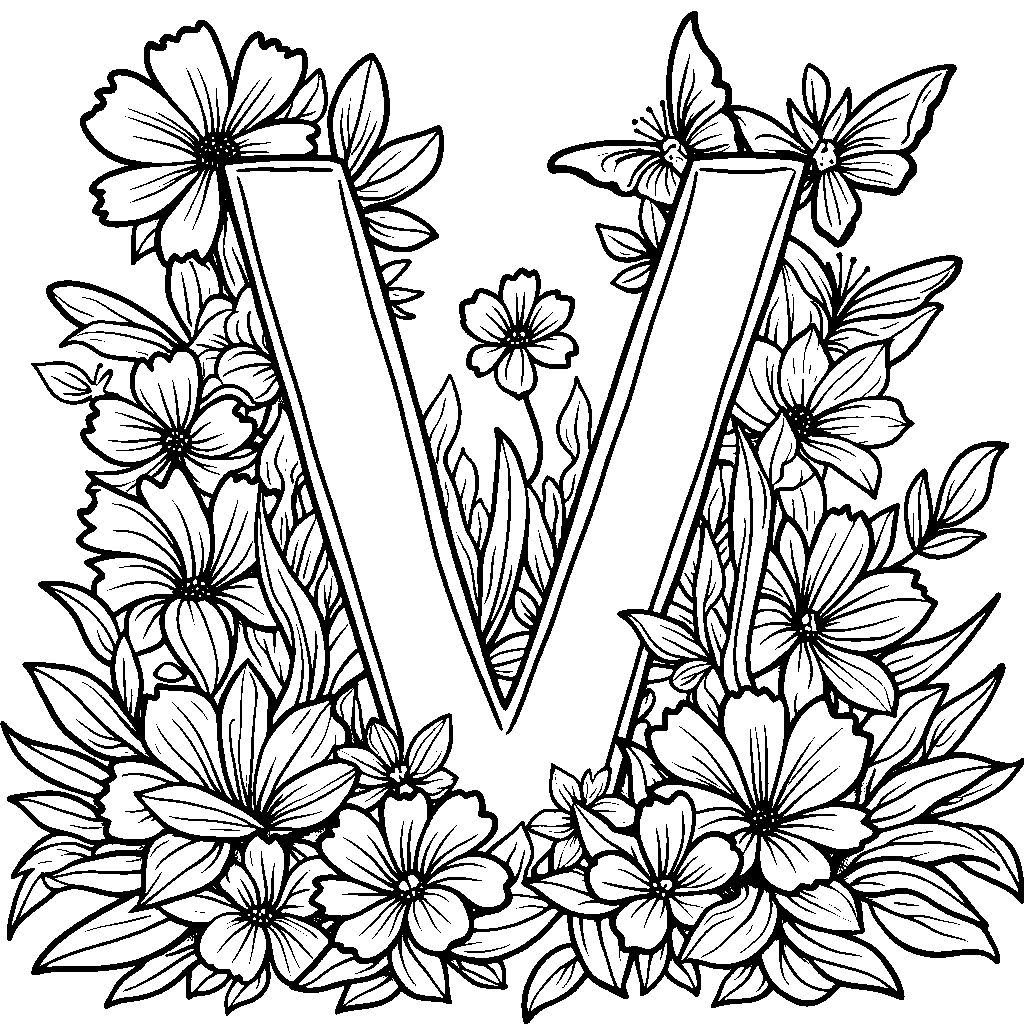 A letter V surrounded by flowers and butterflies