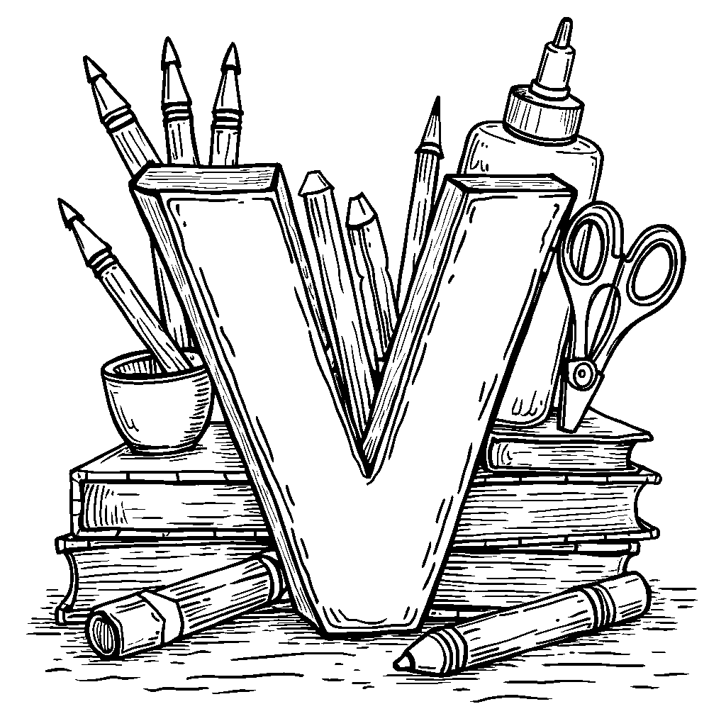 A letter V using a pencil, books, and school supplies