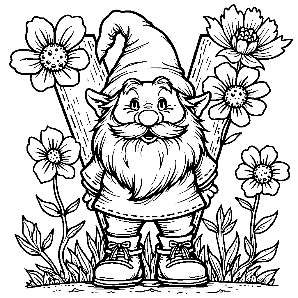 A letter V with a garden gnome and flowers