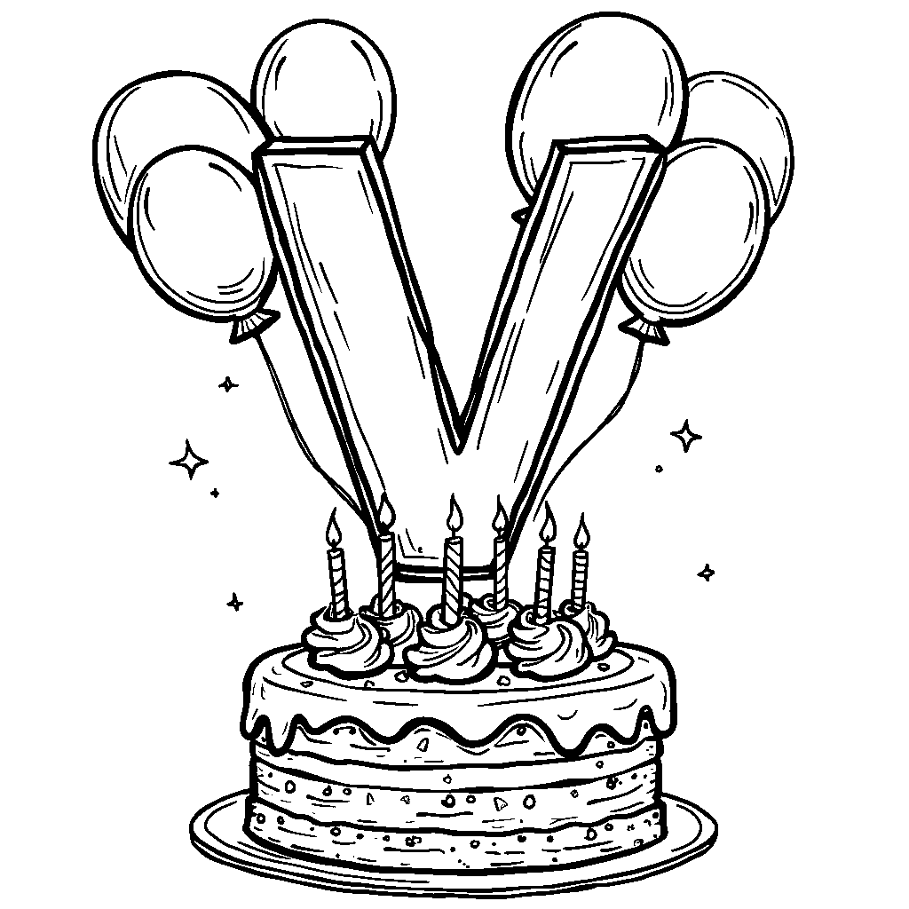 A letter V with balloons and a birthday cake