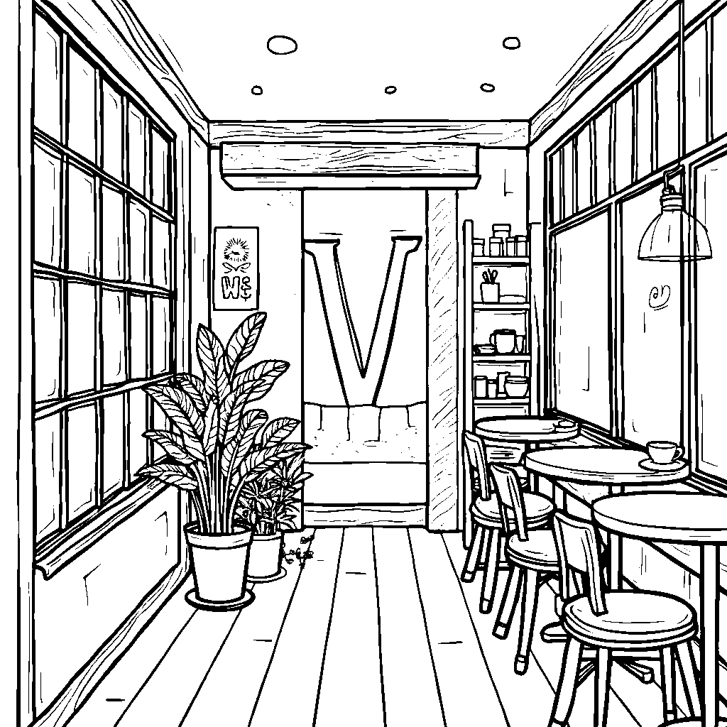 A letter V within a cozy coffee shop scene