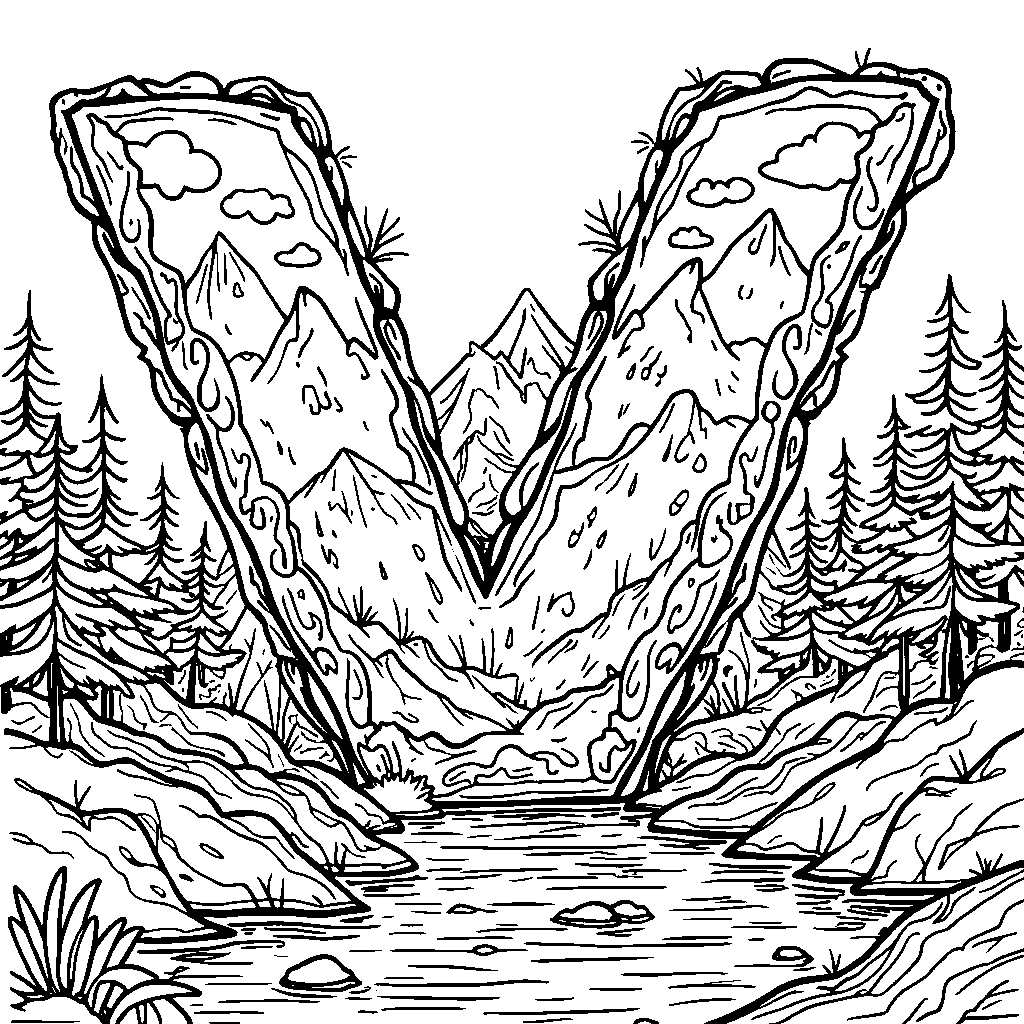 A natural letter V entwined with mountains and rivers