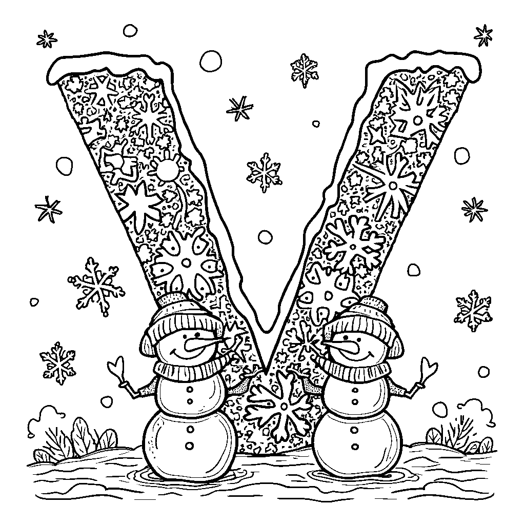 A snowy letter V made of snowflakes and snowmen