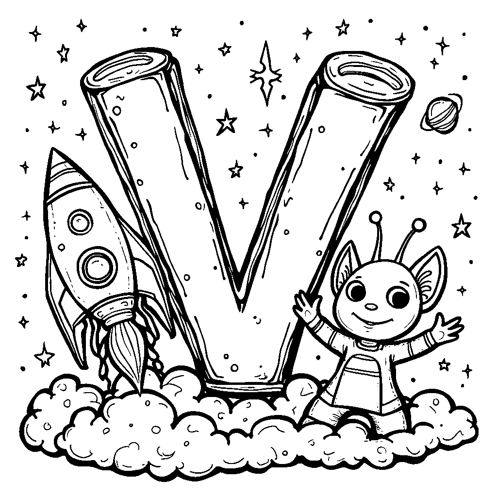 An outer space letter V with rockets and aliens