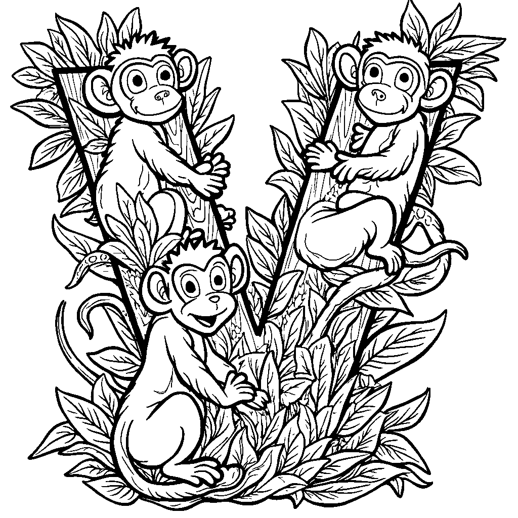 A jungle themed letter V with monkeys and leaves