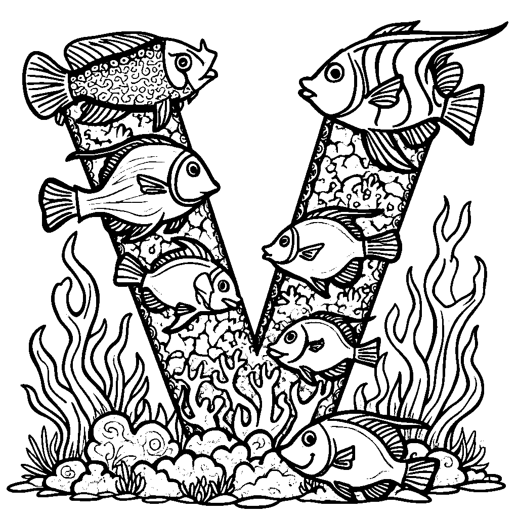 An underwater themed letter V with fish and coral