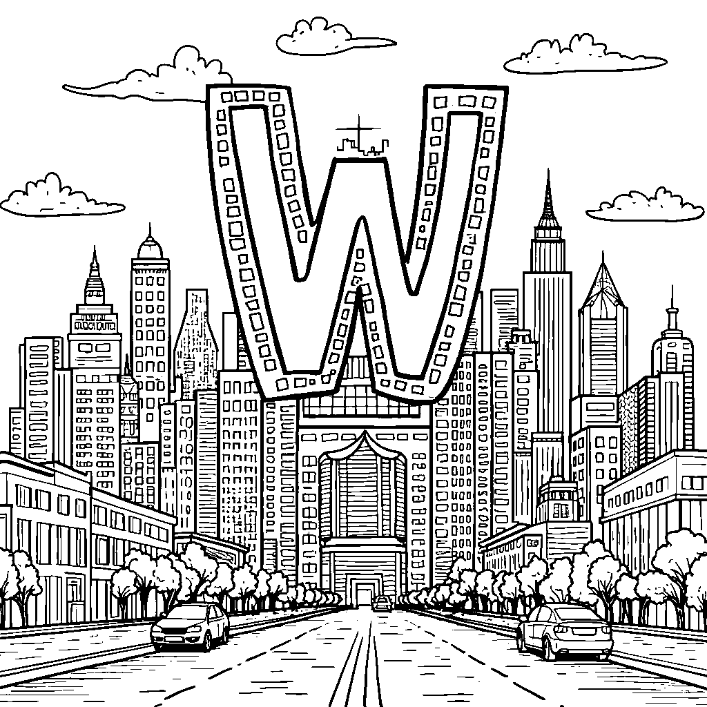 A bustling city skyline featuring the letter W as a skyscraper