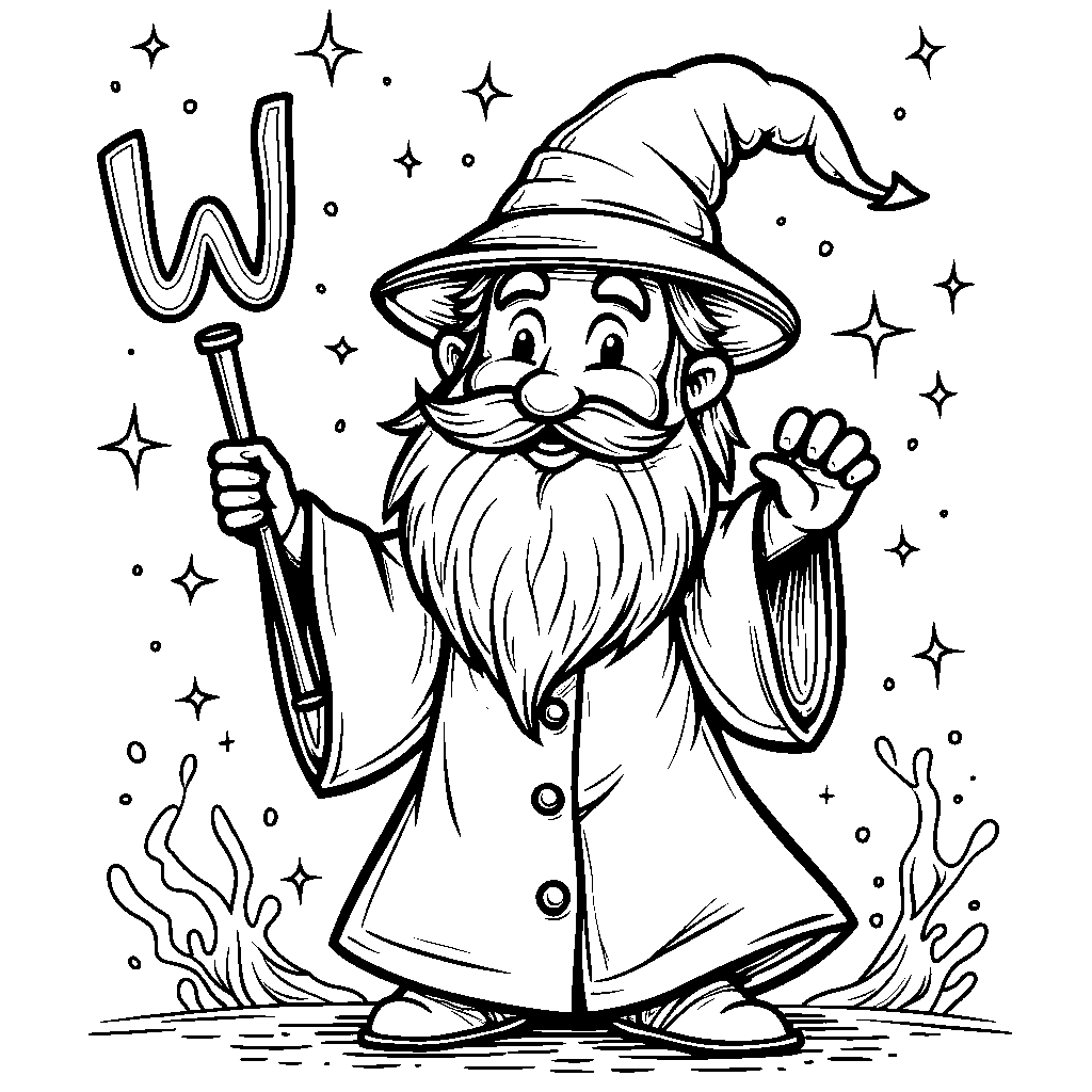 A cartoonish wizard holding a Wand shaped like the letter W.