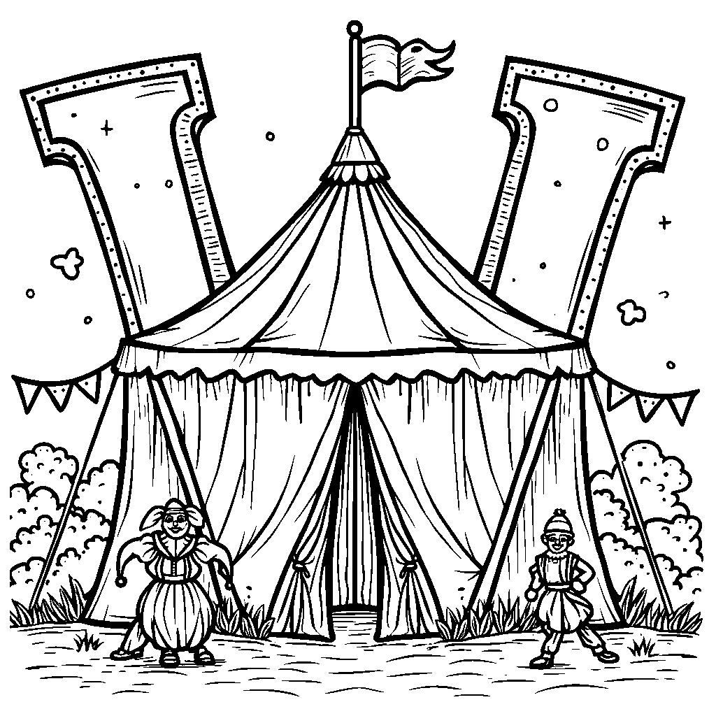 A circus tent shaped like the letter W with clowns and animals outside