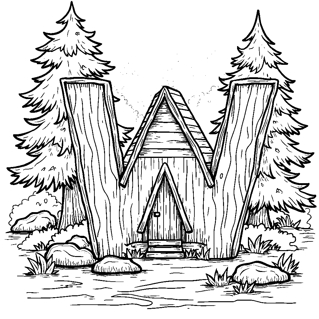 A cozy woodland cabin in the shape of the letter W surrounded by pine trees.