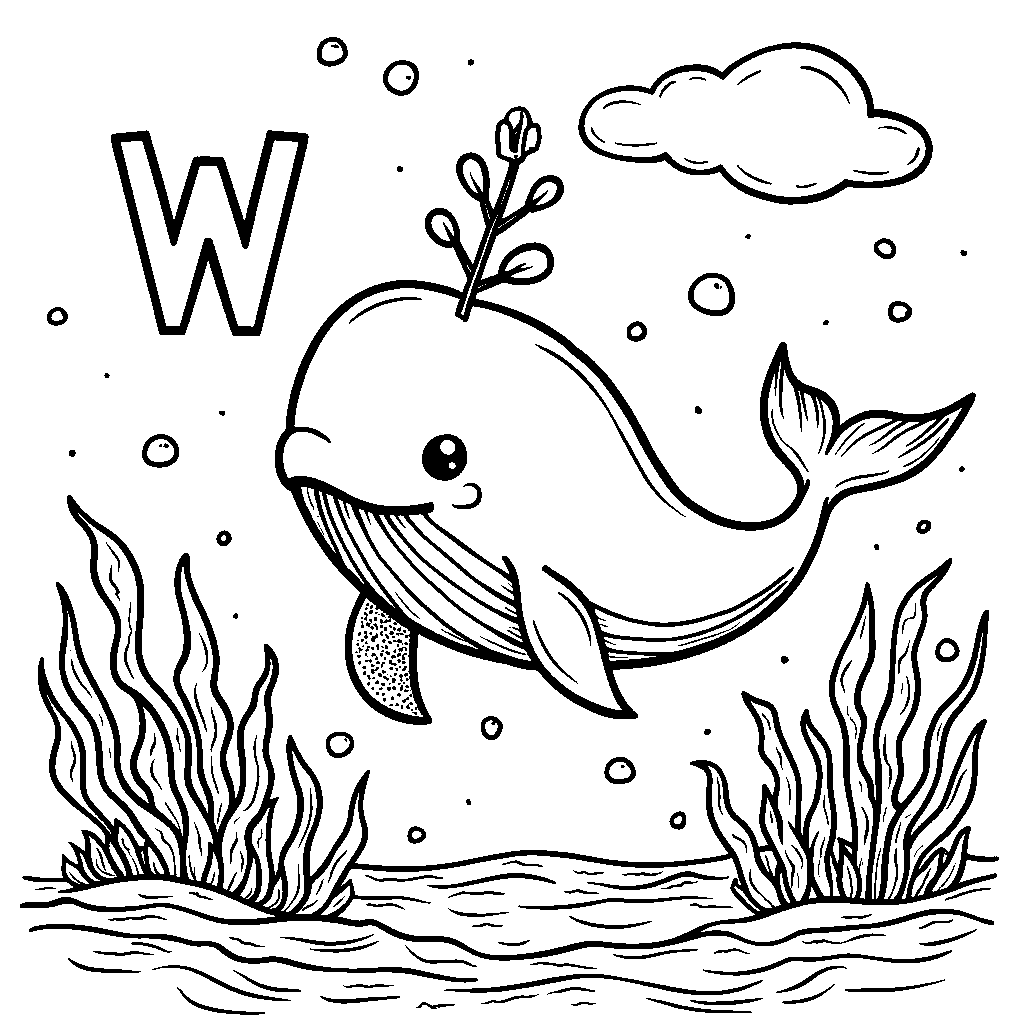 A cute whale swimming in the ocean with the letter W in its splash