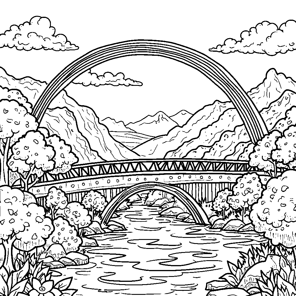 A fantasy landscape featuring a rainbow bridge forming a giant letter W