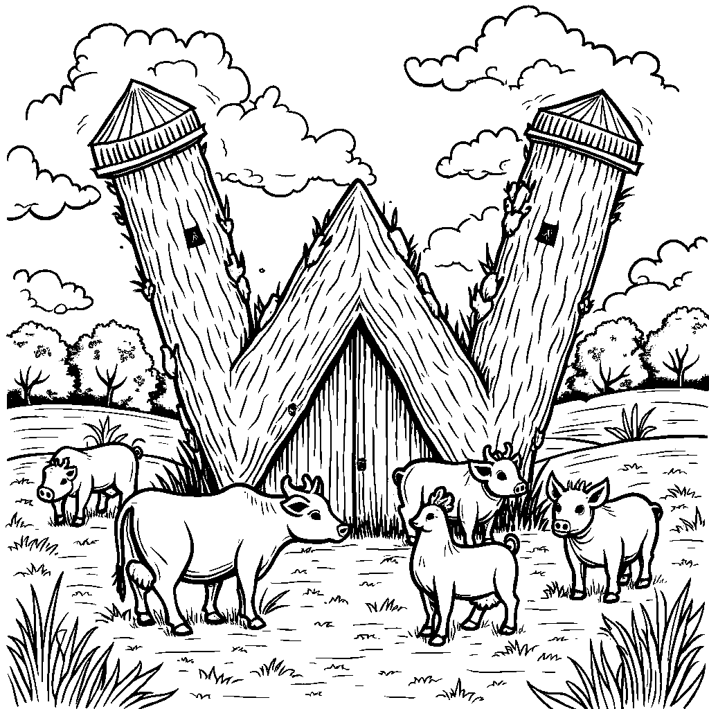 A farm scene featuring a barn in the shape of the letter W and animals playing