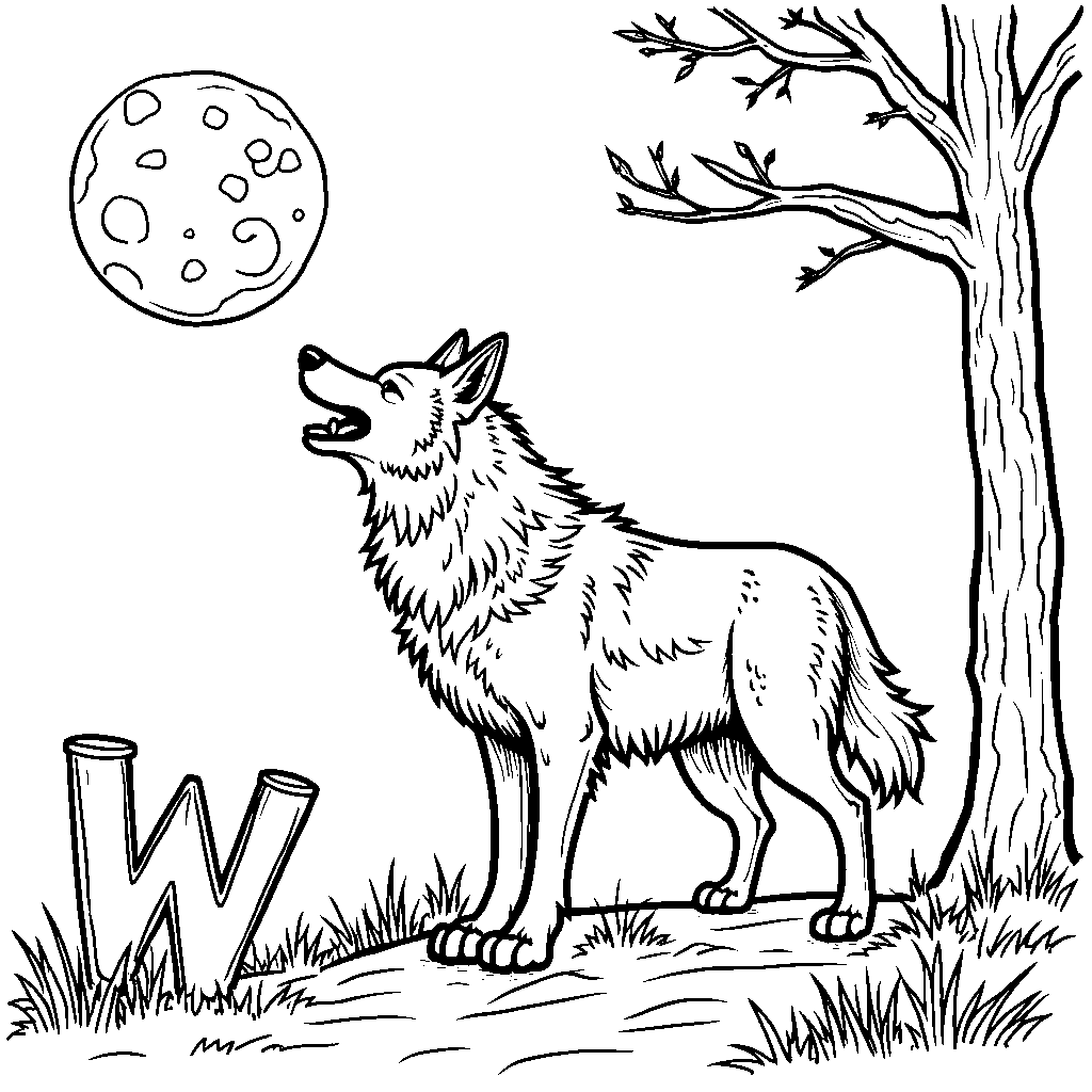 A friendly wolf howling at the moon with the letter W in the foreground