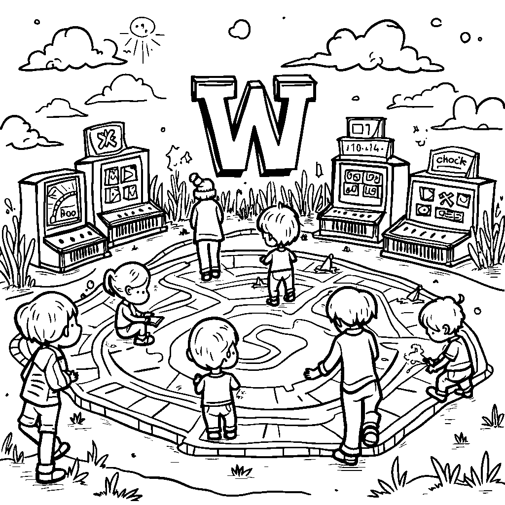 A fun board game area with a giant letter W as the centerpiece