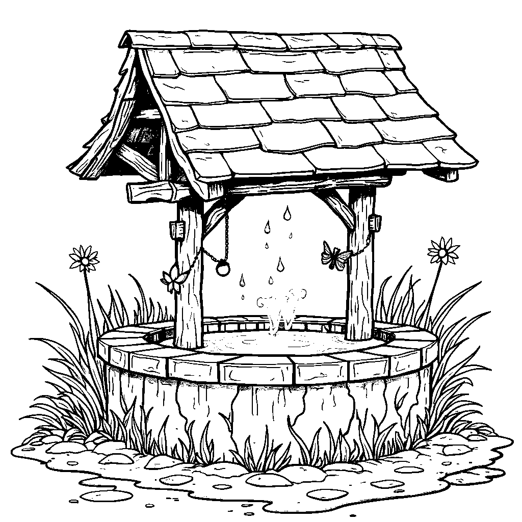 A letter W depicted in a magical wishing well with glowing waters.