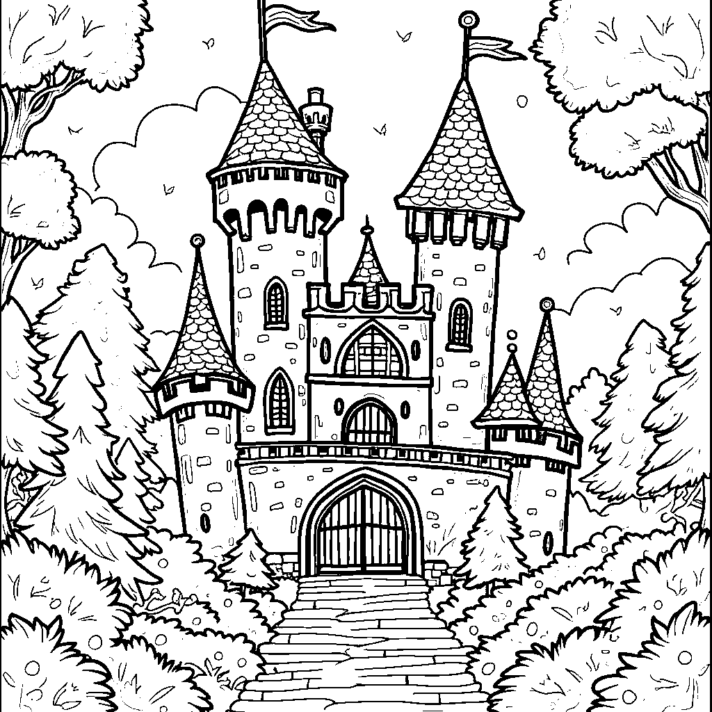 A magical fairy tale castle that has towers shaped like the letter W