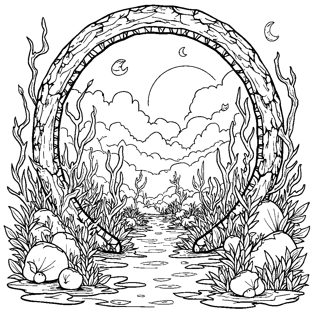 A magical portal shaped like the letter W leading to a fantasy world