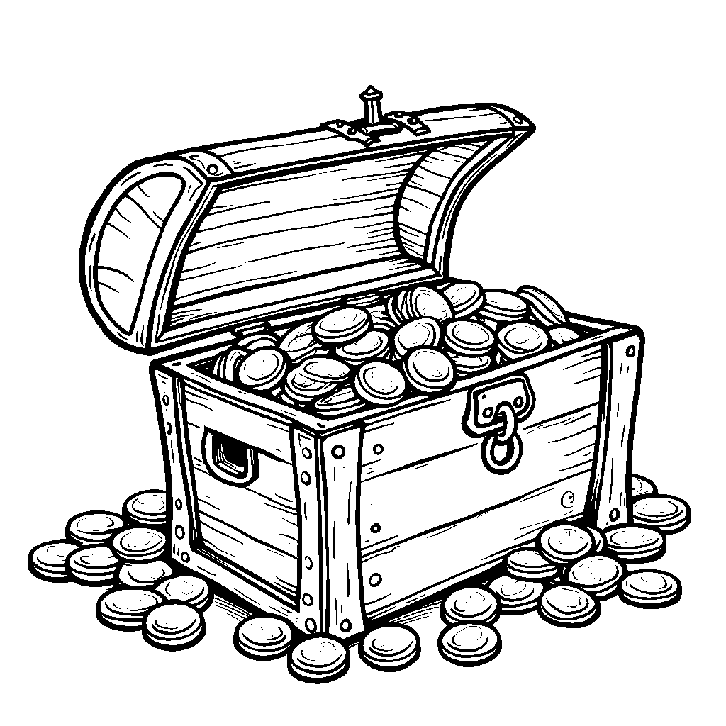 A pirate treasure chest shaped like the letter W overflowing with gold coins