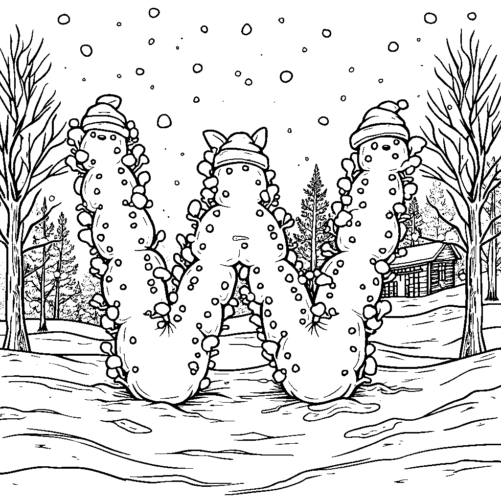 A snowy winter scene with a letter W made of snowmen