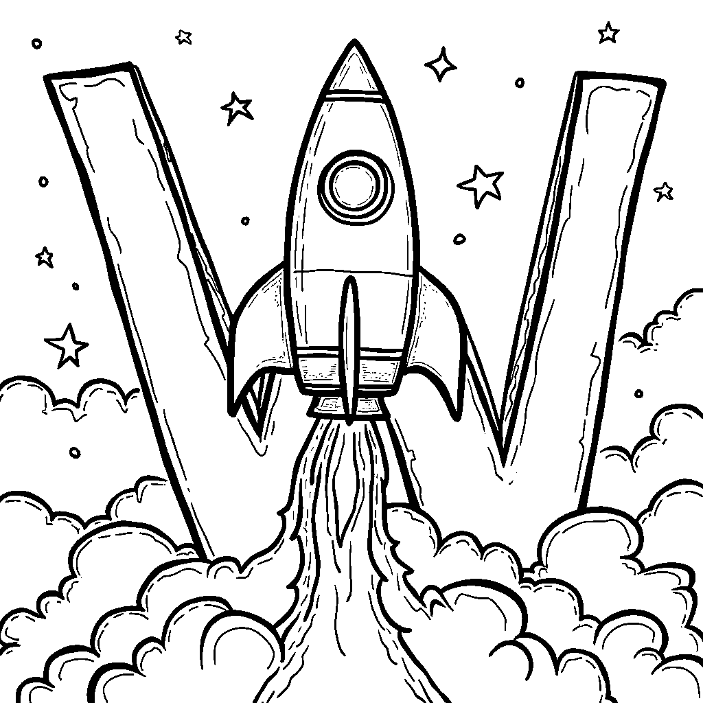 A space rocket blasting off in the shape of the letter W