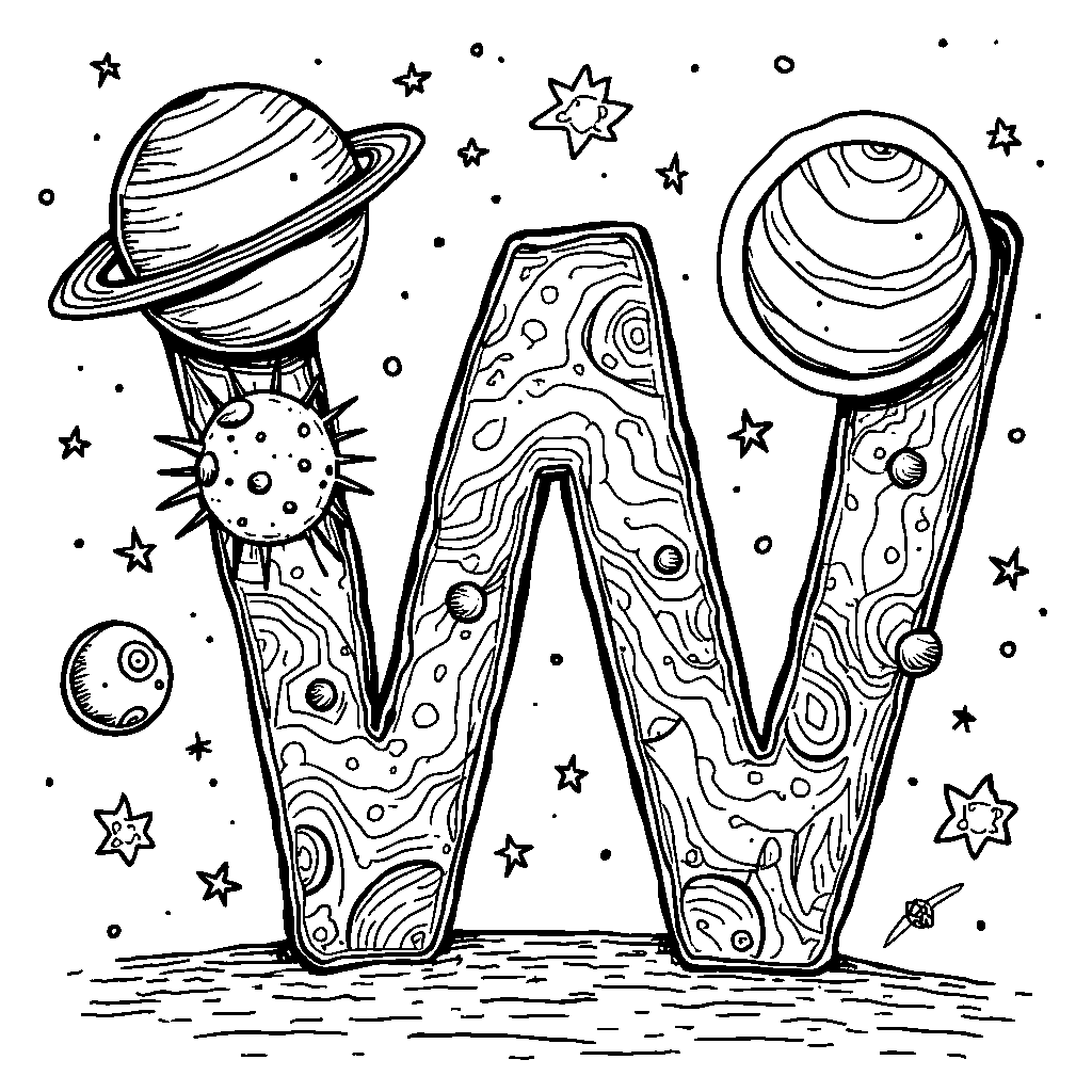 A space scene with planets and stars forming the letter W