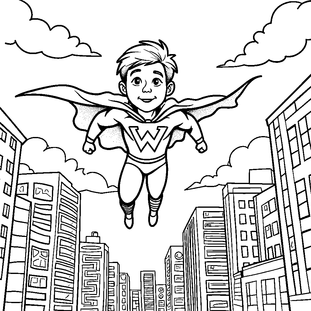 A superhero with a cape shaped like the letter W flying through the city