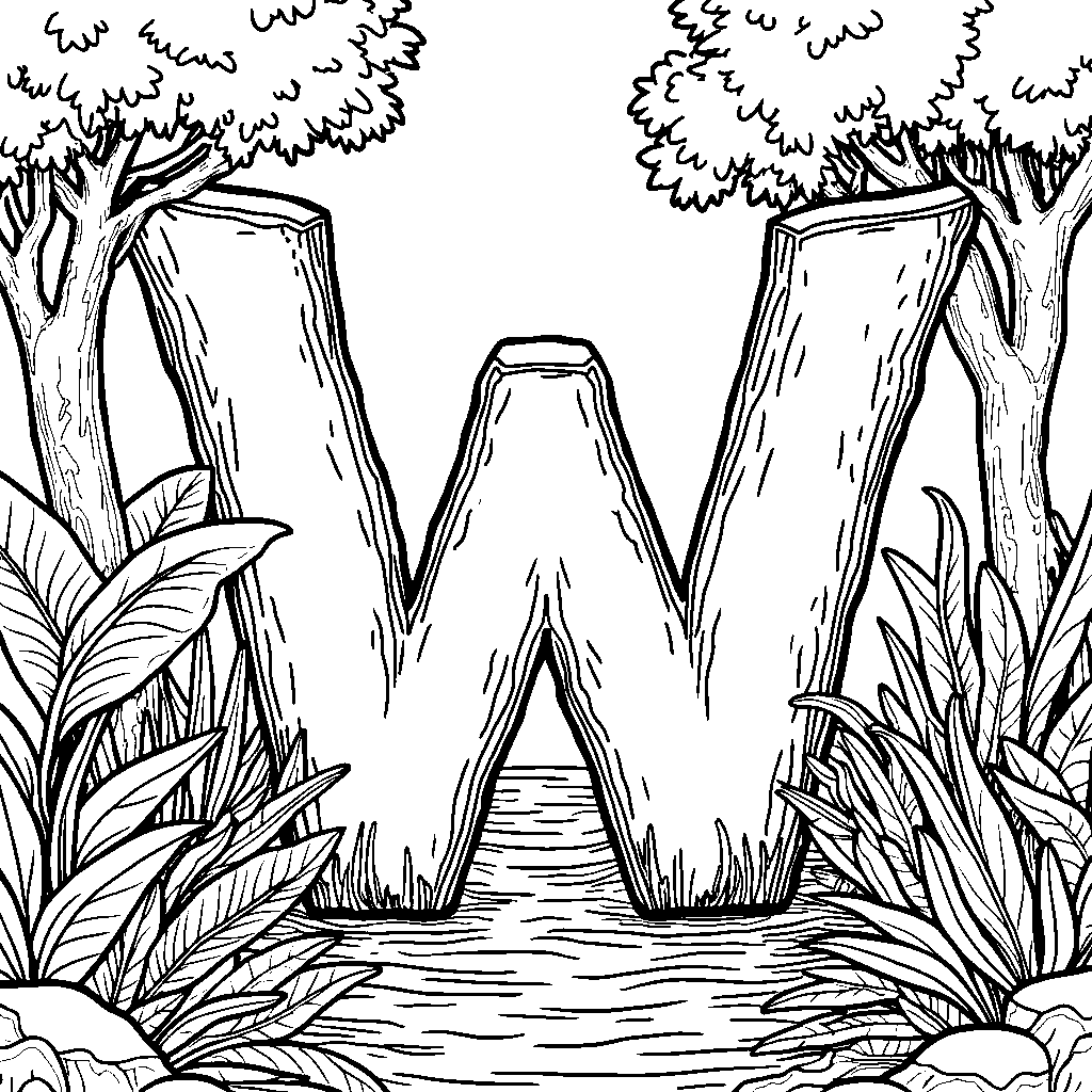 A vibrant rainforest where the trees bend to form the letter W.