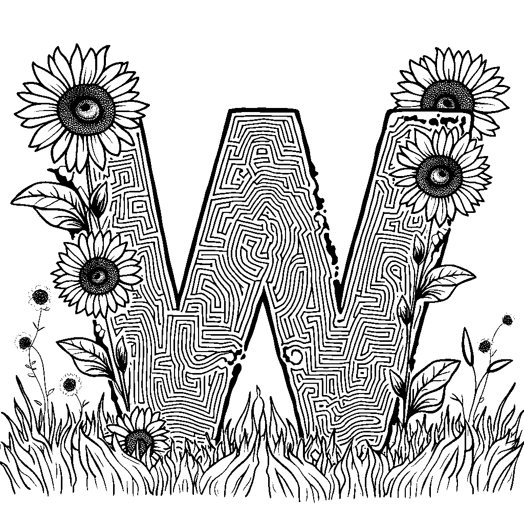 A vibrant sunflower maze shaped like the letter W