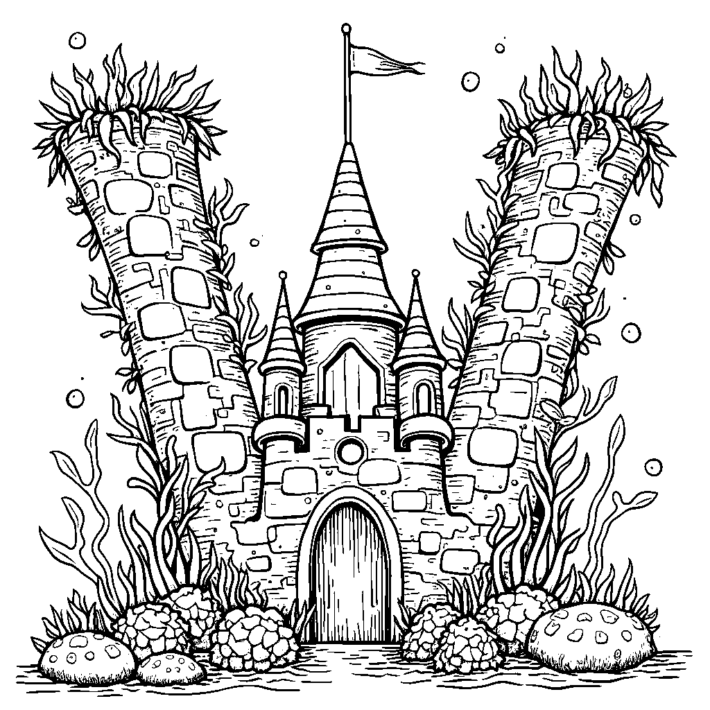 A whimsical underwater castle shaped like the letter W guarded by mermaids.