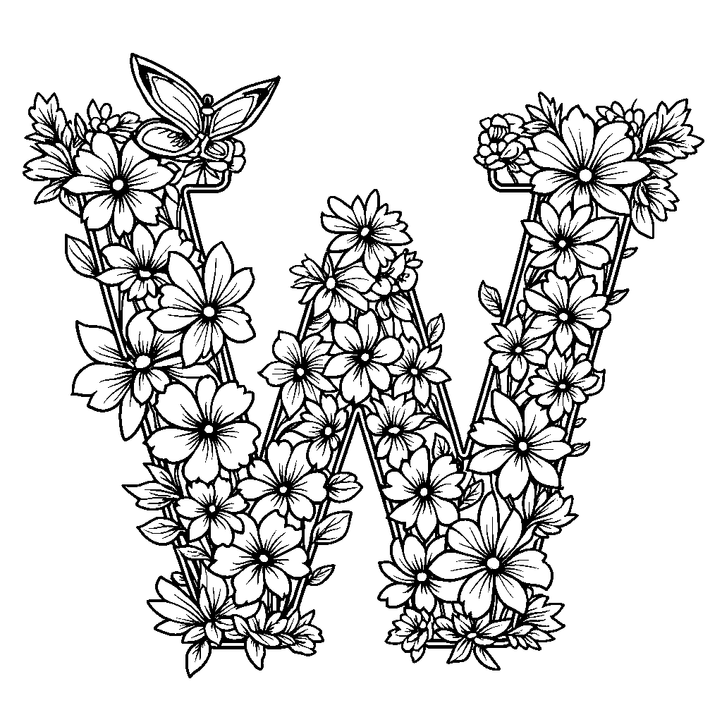 A whimsical W covered in flowers and butterflies