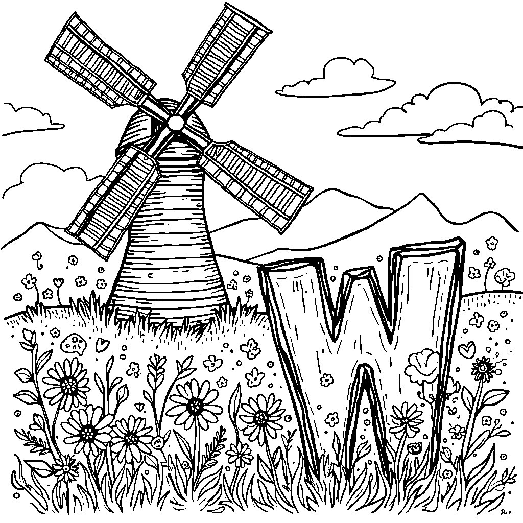 A whimsical windmill shaped like the letter W in a colorful field.