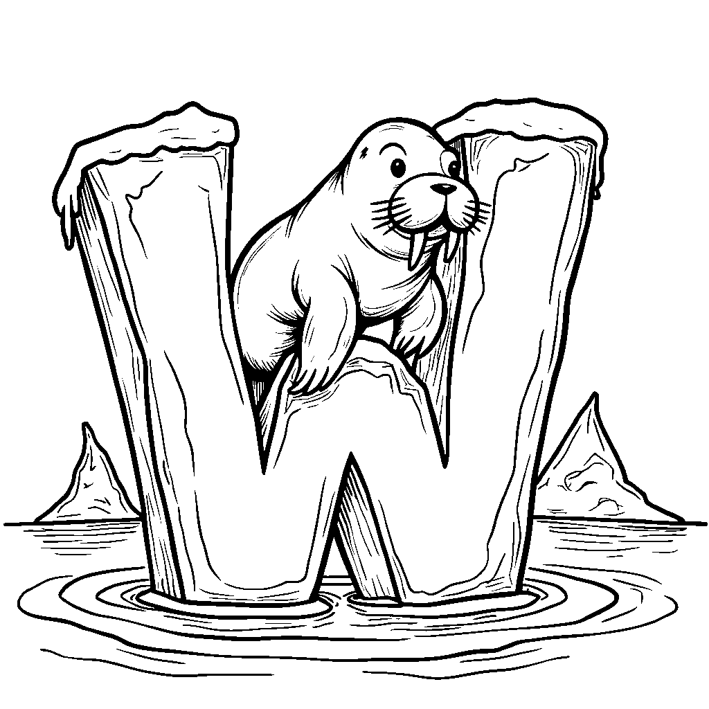 An adorable walrus lounging on an iceberg shaped like the letter W.