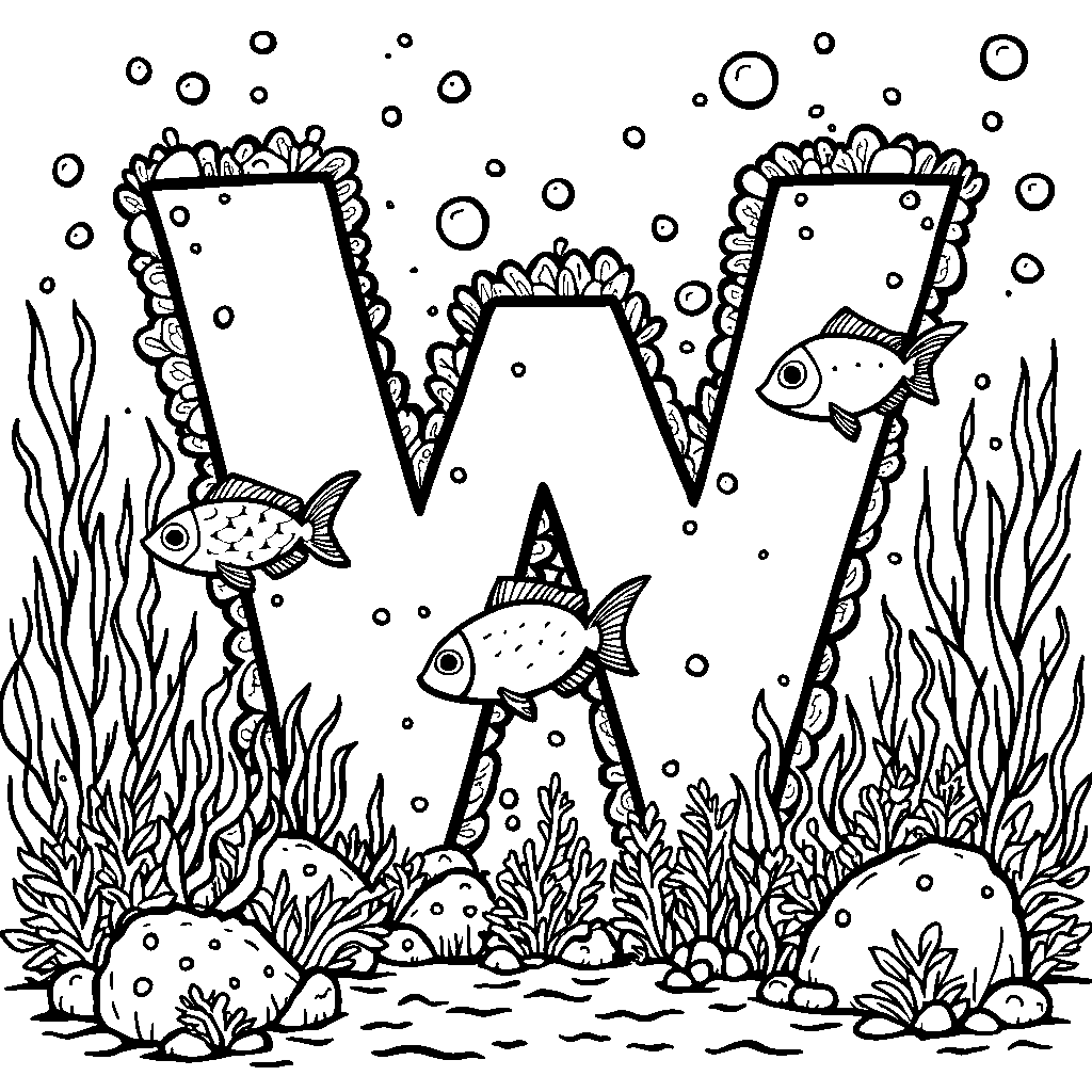 An aquarium with fish swimming around a giant letter W.